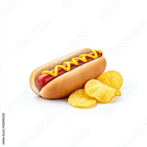 Hotdog with mustard and chips isolated on white background