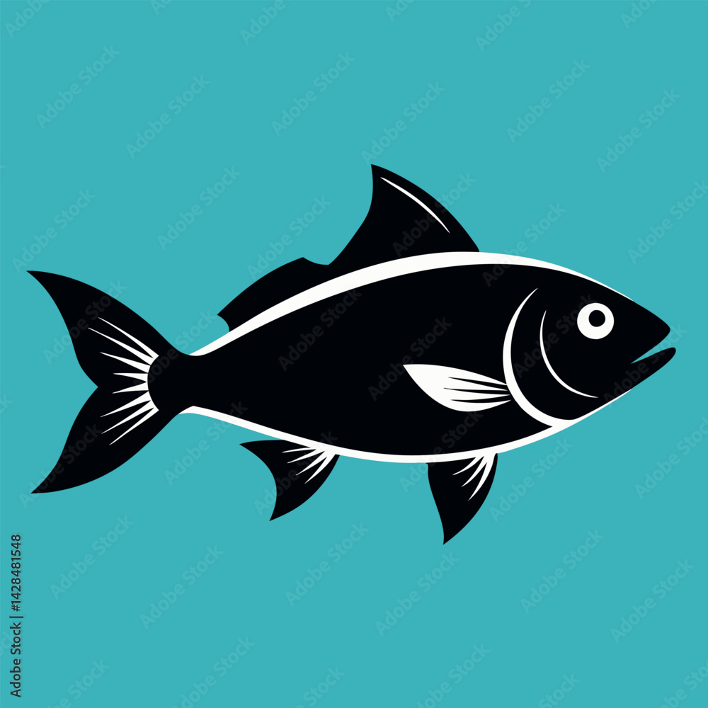 Fototapeta premium Stylized Black Fish Illustration on Teal Background