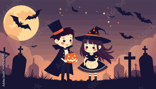 Cartoon Halloween: Vampire Boy, Witch Girl, Graveyard Moon