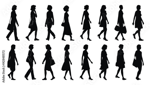 Silhouettes of business people and fashion models, a vector illustration of a group of walking  women, silhouettes of woman