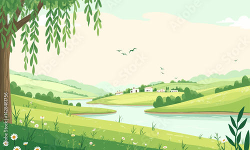 Cartoon landscape with river, hills, and village houses