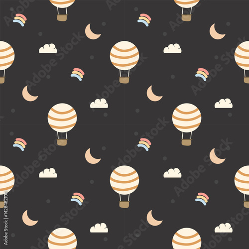 Hot air balloon cartoon so cute. On moon cloud rainbow background. Pattern seamless vector illustration. 