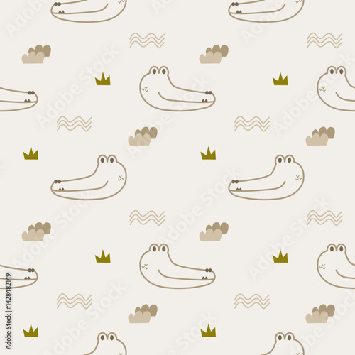 .Face crocodile cartoon so cute. On grass wave background. Pattern seamless vector illustration. 