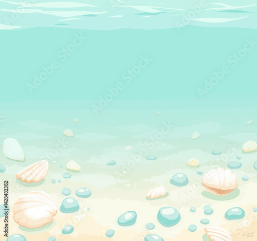 Cartoon Seascape with Shells and Smooth Blue Stones