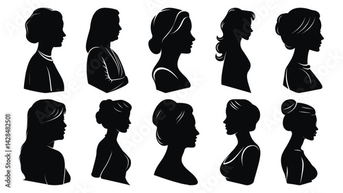 Fashion girls silhouettes, a vector set of woman profiles, present stylish hairstyles as black outline icons for fashion people, fashion girls silhouettes
