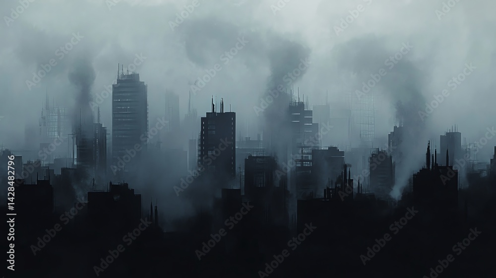 Overcast City Skyline with Fog and Smoke Creating a Gloomy Ambiance Overcast City Skyline with Fog and Smoke Creating a Gloomy Ambiance
