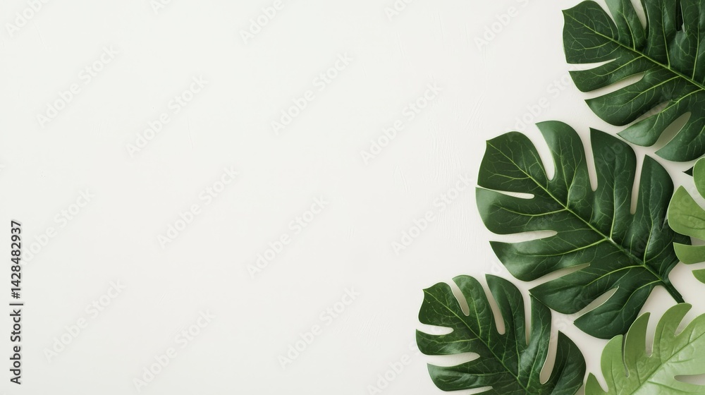 Rejuvenation Through Detox and Nutrient-Rich Wellness Choices, Green tropical leaves arranged on a white background, creating a fresh and natural aesthetic.