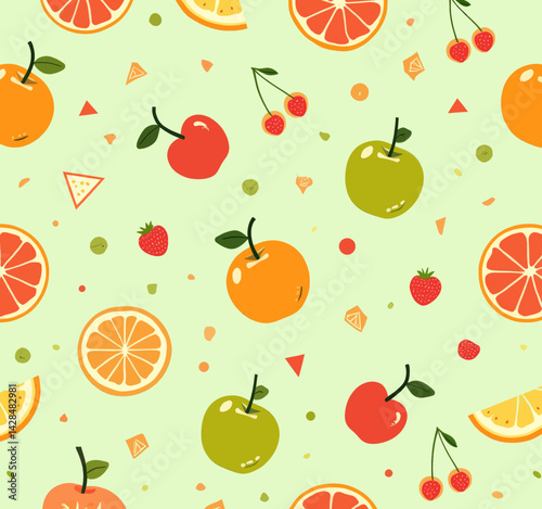 Cheerful fruit pattern with apples, oranges, cherries, and strawberries