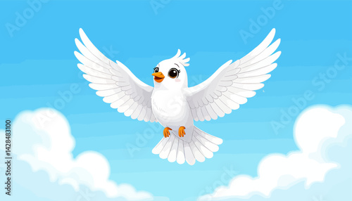 Cartoon White Dove Flying in Blue Sky with Clouds