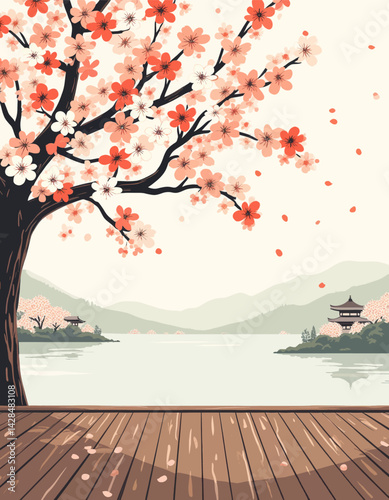 Cherry blossoms by lake with pagoda from wooden deck