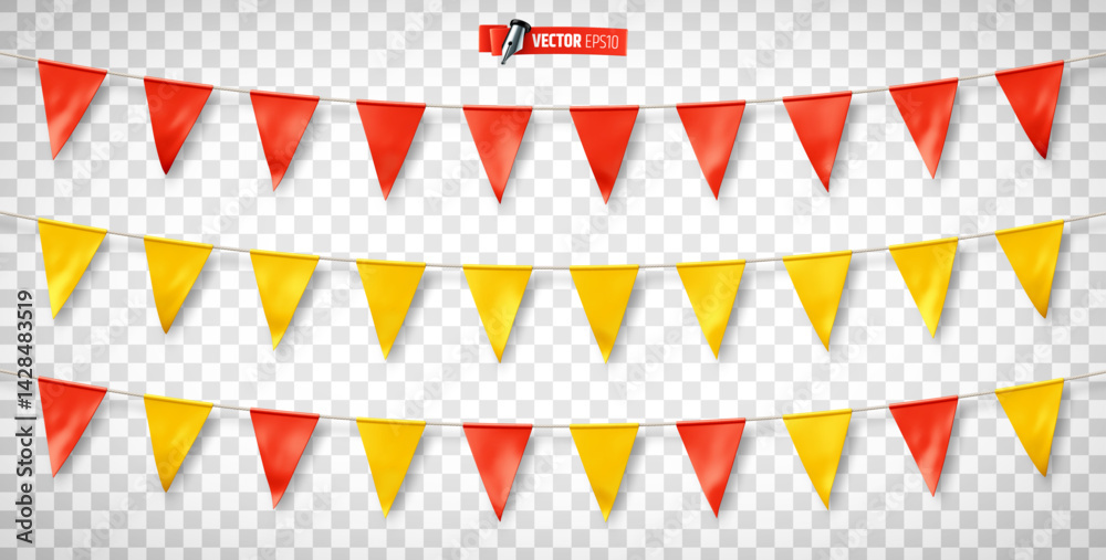 Vector realistic illustration of red and yellow pennant garland on a transparent background.