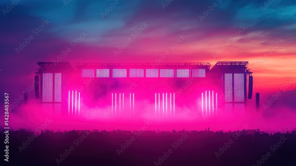 Fototapeta premium Scenic sunset behind a large open-air music festival stage with fog and dramatic lighting setup