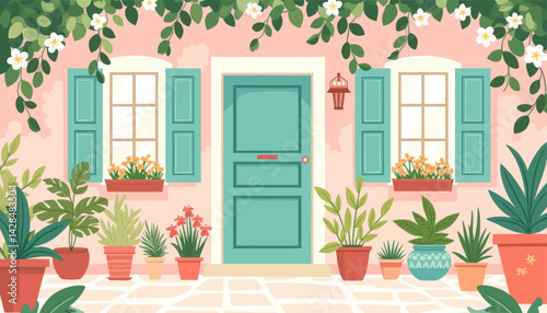 Charming Pink House Facade with Teal Accents and Potted Plants