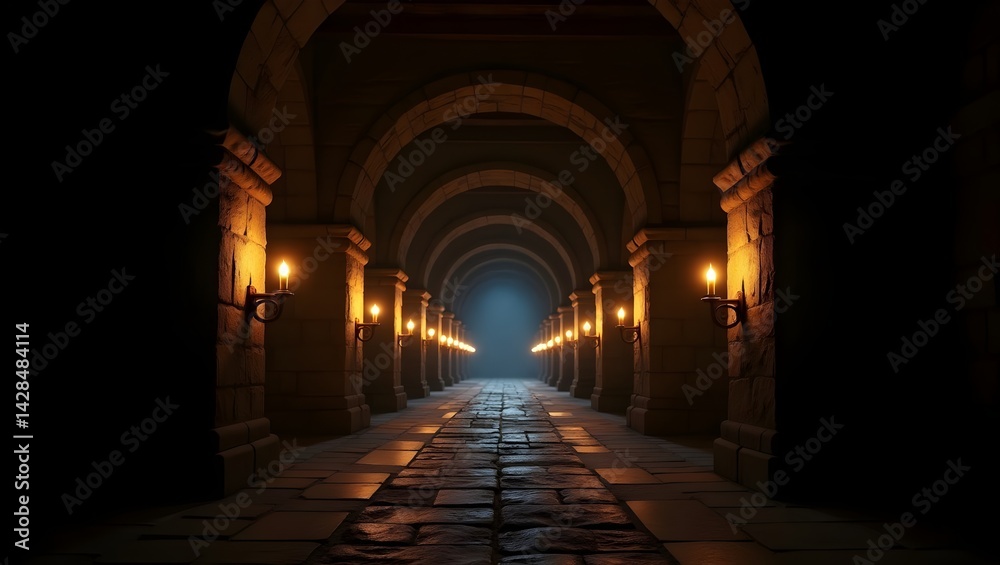 Fototapeta premium Mysterious Stone Archway Illuminated by Torches