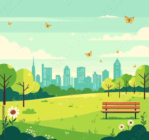 City Park with Butterflies and Bench
