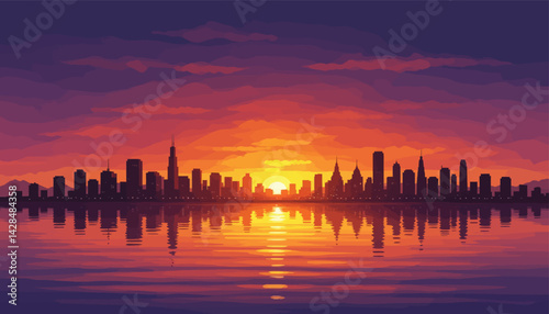 City Skyline Silhouette at Sunset with Water Reflection