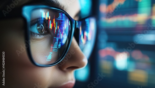 Wallpaper Mural Woman wearing glasses reflects financial data charts on a screen. Torontodigital.ca