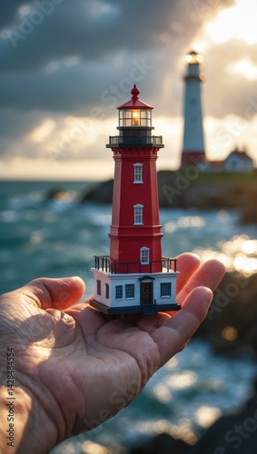 Obraz na płótnie Hand holding a miniature red lighthouse with a real lighthouse and ocean in the background at sunset w salonie