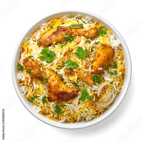 Delicious chicken biryani served in bowl, top view isolated on white background