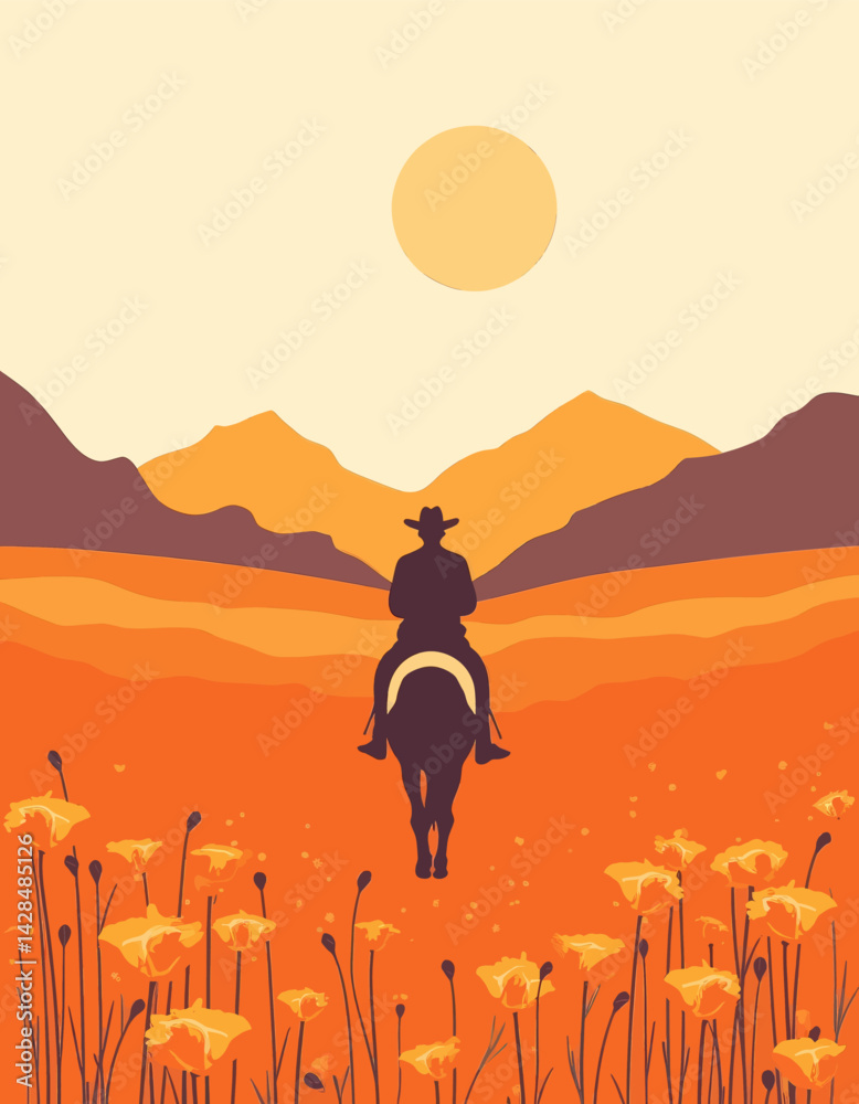 Fototapeta premium Cowboy Silhouette on Horseback in Poppy Field at Sunset