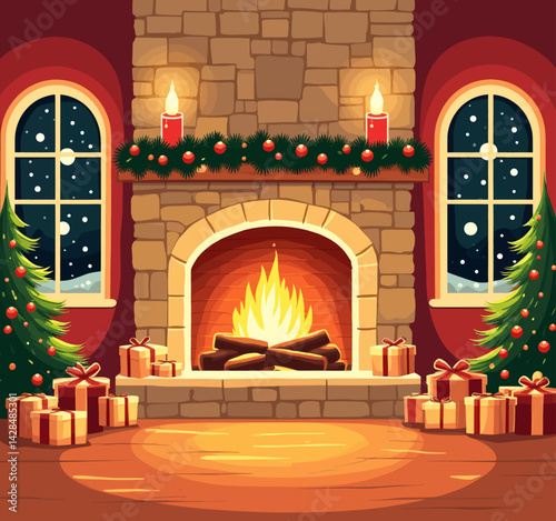 Cozy Christmas Eve Fireplace Scene With Gifts