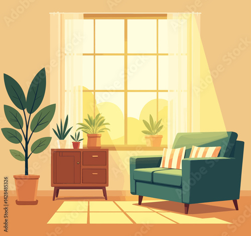 Cozy Living Room with Green Armchair and Houseplants