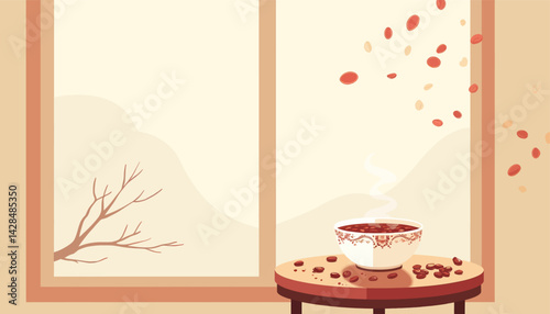 Cozy room with coffee, beans, and falling goji berries