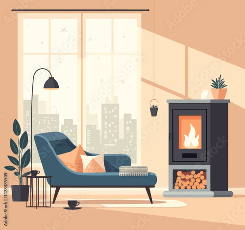 Cozy living room with fireplace, blue chaise lounge, and city view