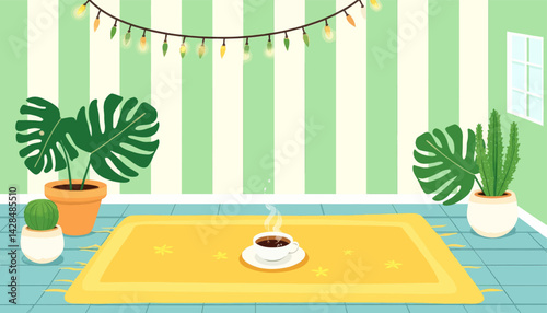 Cozy Room with Striped Walls, Plants, Coffee, and String Lights