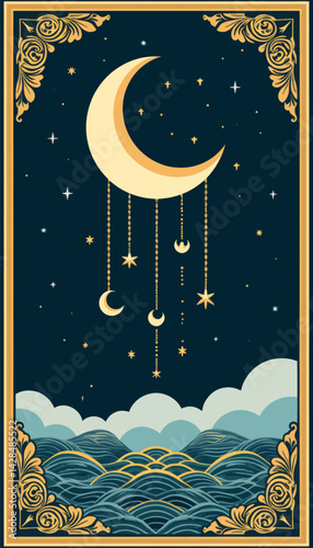 Crescent Moon with Stars and Ocean Waves Art Nouveau Frame