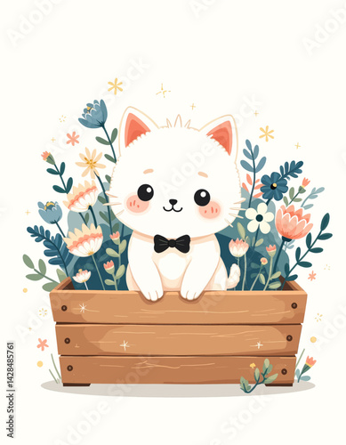 Cute White Kitten with Bowtie in Flower Box