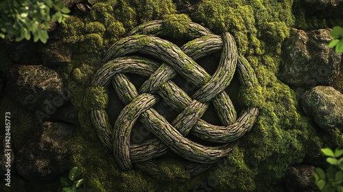 Celtic Knot Symbol Formed by Branches with Moss on Stone Wall