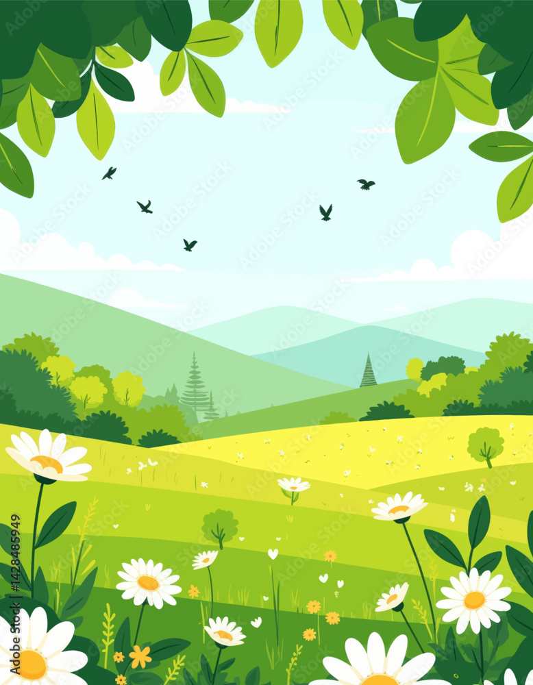 Fototapeta premium Daisy field with mountains and birds illustration