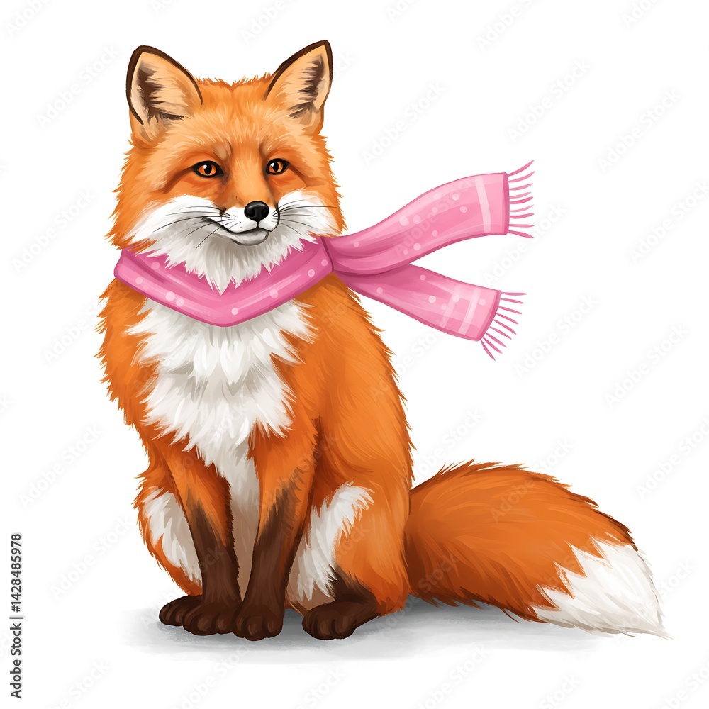 Fototapeta premium Illustration of a Charming Fox Wearing a Pink Scarf Sitting Gracefully with a Smiling Expression