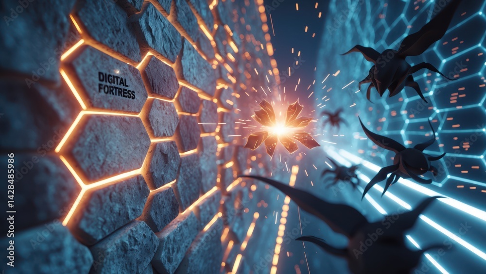 Futuristic digital security concept with glowing hexagonal wall labeled