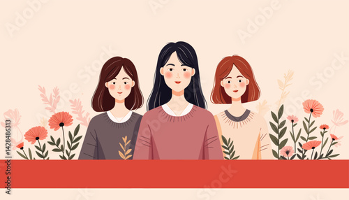 Diverse women with floral accents, friendship illustration