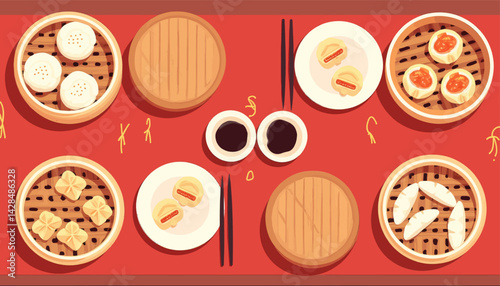 Dim Sum Feast: Steamed Baskets, Soy Sauce, Chopsticks on Red