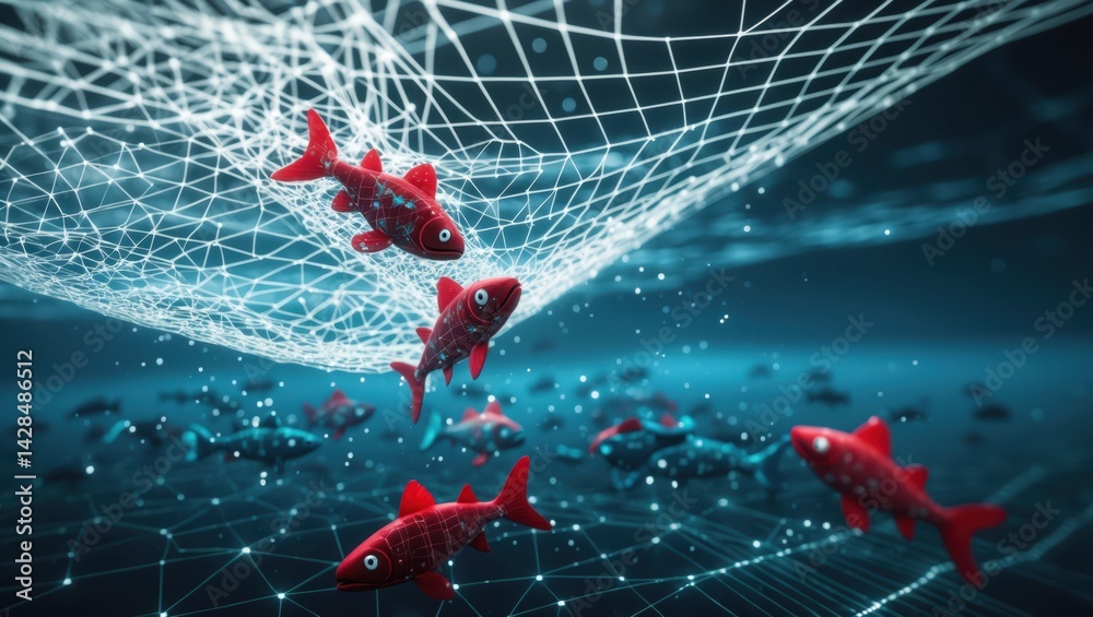 Digital representation of red fish swimming in a network-like underwater environment with glowing grid patterns