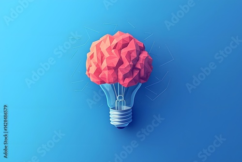 Isometric Concept of an Idea with Light Bulb and Brain on Blue Background