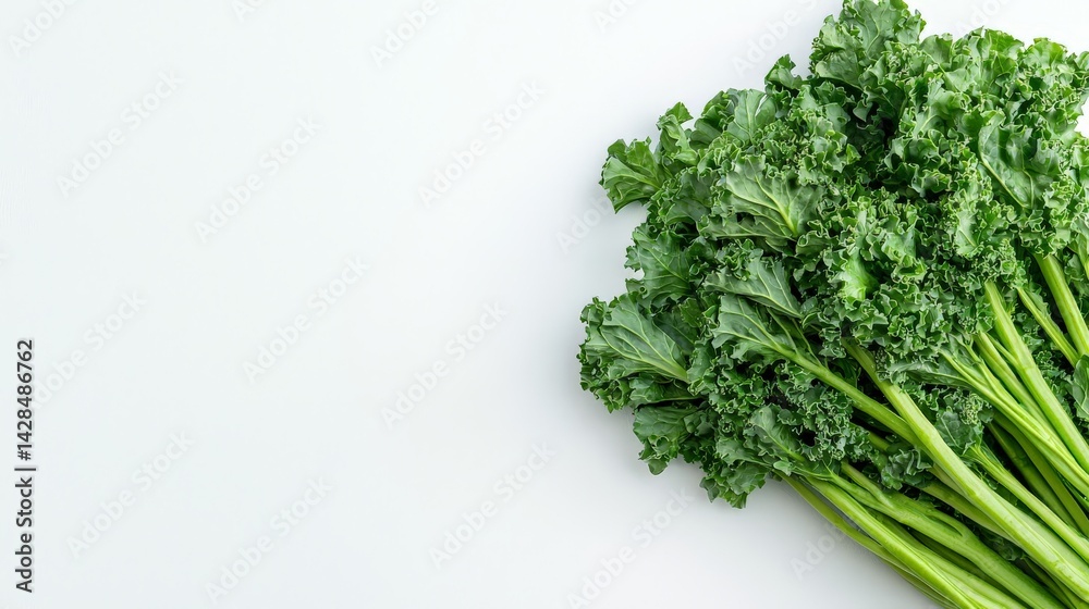 Rejuvenation Through Detox and Nutrient-Rich Wellness Choices, Fresh kale arranged on a light background, showcasing its vibrant green color and textured leaves.