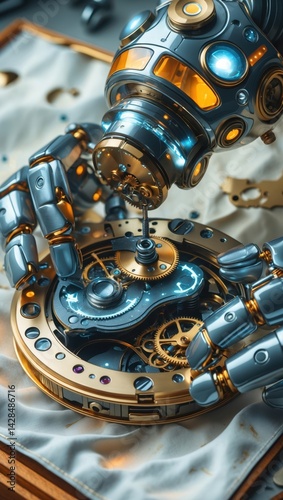 Obraz na płótnie Futuristic robotic hands assembling intricate golden and silver clockwork mechanism with glowing blue accents w salonie
