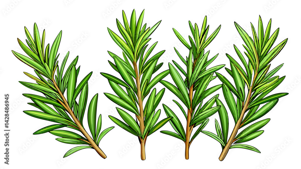 Fototapeta premium Close up view of four rosemary sprigs white background