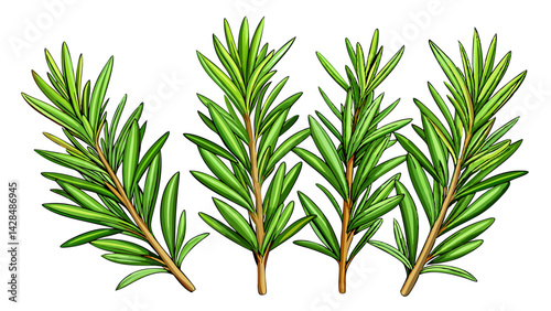 Close up view of  four rosemary sprigs white background