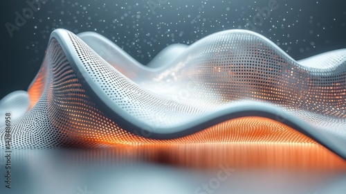 Abstract wavy structure of interconnected nodes, emitting warm light.  Dynamic, futuristic, and technological design
