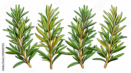 Close up view of  four rosemary sprigs white background