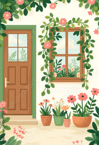 Floral Cottage: Door, Window, and Potted Plants