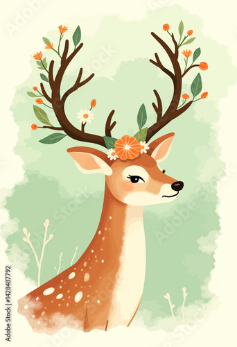 Floral Antlered Deer Illustration on Green Background