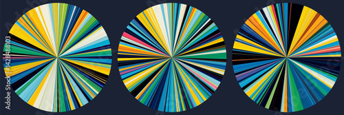 Set of bright circular patterns with bright converging lines. Vivid radial stripes. Acrylic color burst with unique polar coordinates effect. Modern circular design for creative visual art. Vector