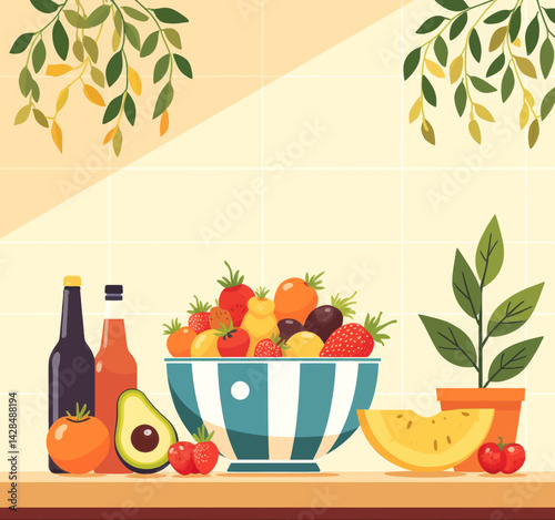 Fresh Fruit Bowl with Plant and Bottles Illustration