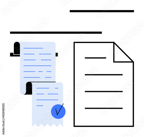 Receipt roll with highlighted checkmark and adjacent document outline symbolizing accuracy, record-keeping, and financial management. Ideal for accounting, taxes, payment, finance, auditing